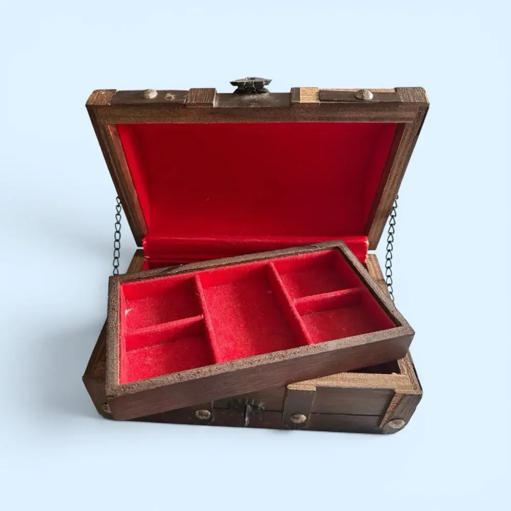 Wooden Pirate Style Jewelry Box Velvet Lined Removable Tray Decorative Lock